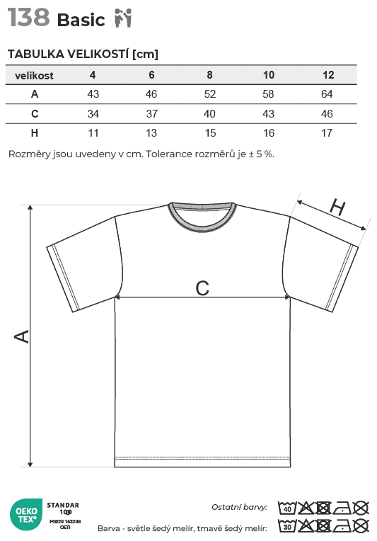 138 Basic tričko dětské Tabulka velikostí